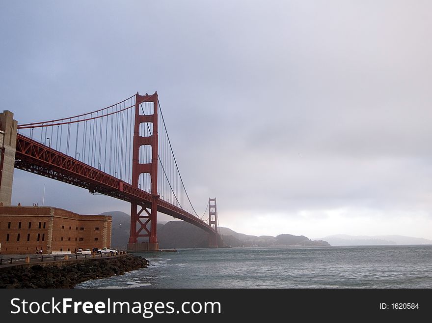 View of the Golden Gate Bridge from Fort Point, at sunrise