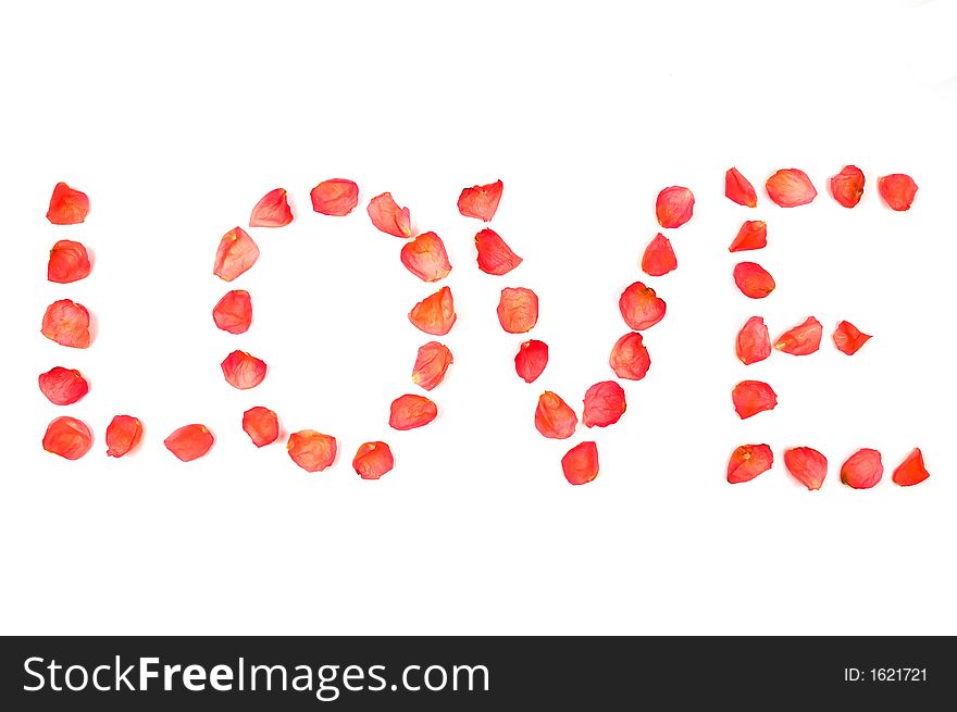 Inscription Love maked from red rose petals