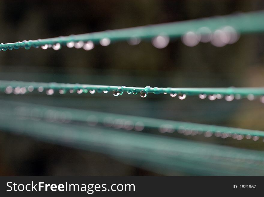 Multiple strands of a clothes drying line with raindrops, only center drops are in focus. Multiple strands of a clothes drying line with raindrops, only center drops are in focus