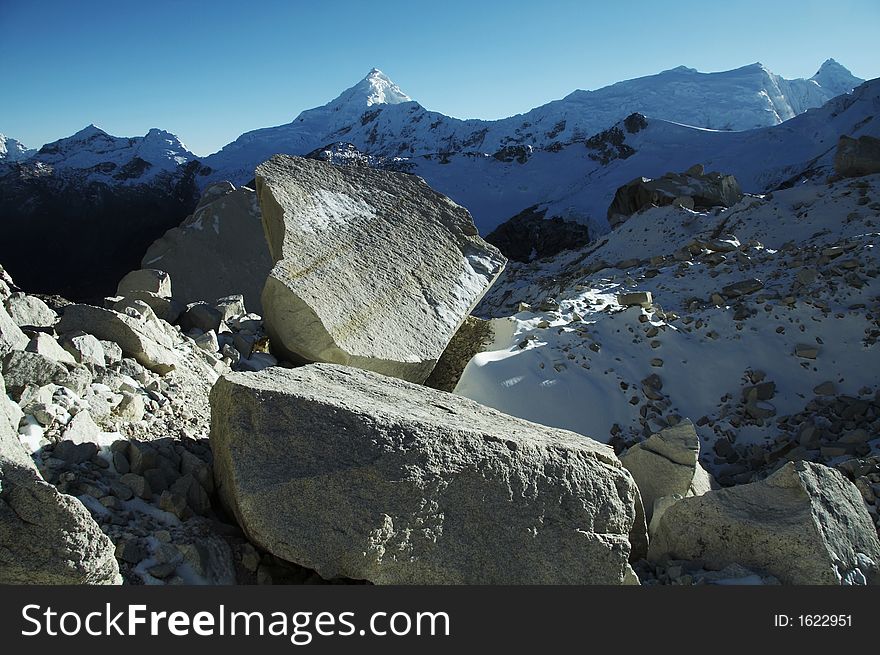 Big stones on the glacier in Cordilleras. Big stones on the glacier in Cordilleras