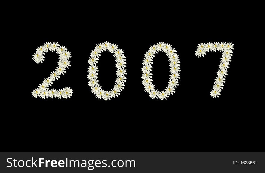 Happy new year! Number 2007 isolated on black. All digits are made from white flowers (water lily)