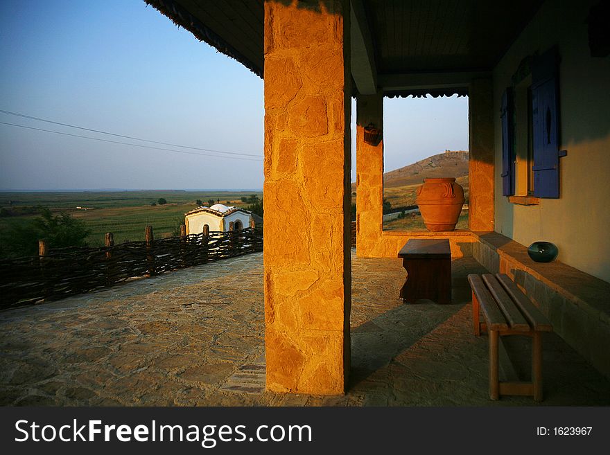 Country inn terrace overlooking green field