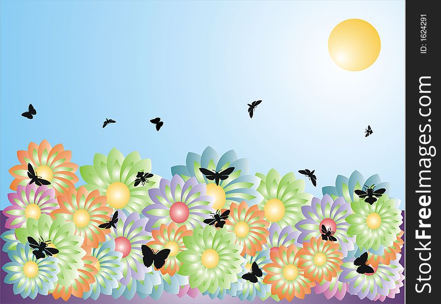 Colored background with flower field and flying insects. Colored background with flower field and flying insects