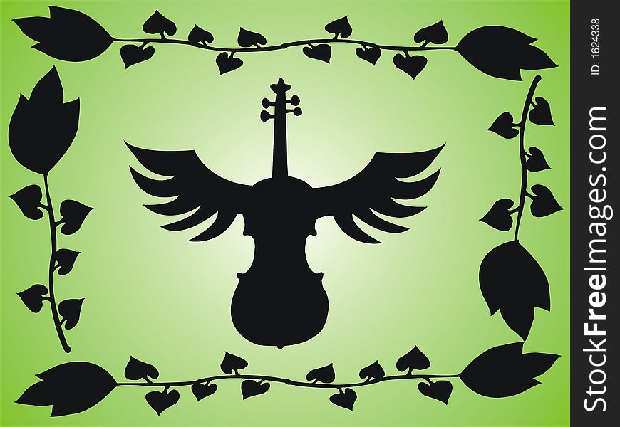 Green background with flower frame and violin with wings. Green background with flower frame and violin with wings