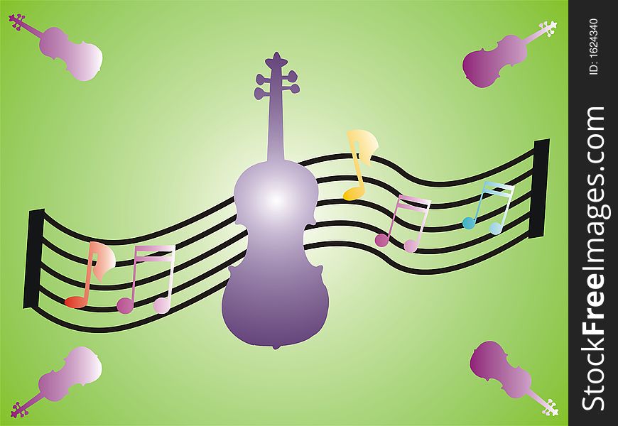 Colored background with violins and musical notes. Colored background with violins and musical notes