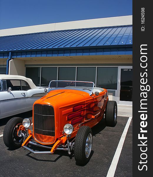 Orange Hotrod Roadster with flames