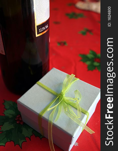 Christmas celebration with good wine and gift box