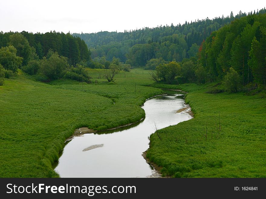 Little river, forest in the background at the beginning of autumn