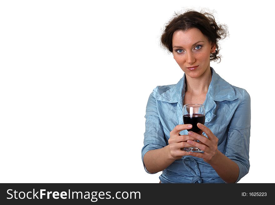 Beautiful brunet girl grooving with cup of red wine isolated over white. Beautiful brunet girl grooving with cup of red wine isolated over white