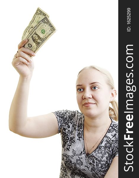 Girl waveing dollar bills on the white background. Girl waveing dollar bills on the white background