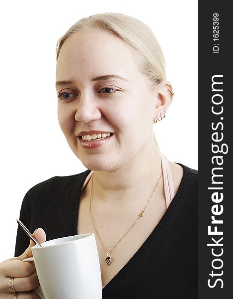 Blond girl holding a coffee cup on white background. Blond girl holding a coffee cup on white background