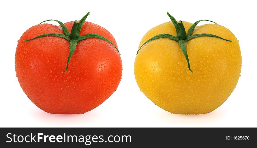 Fresh yellow and red tomatoes with water drops. Fresh yellow and red tomatoes with water drops