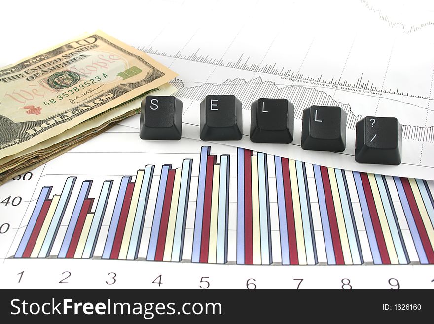 Business chart and graphs with US money and the words SELL? spelled out in keyboard letters. Business chart and graphs with US money and the words SELL? spelled out in keyboard letters