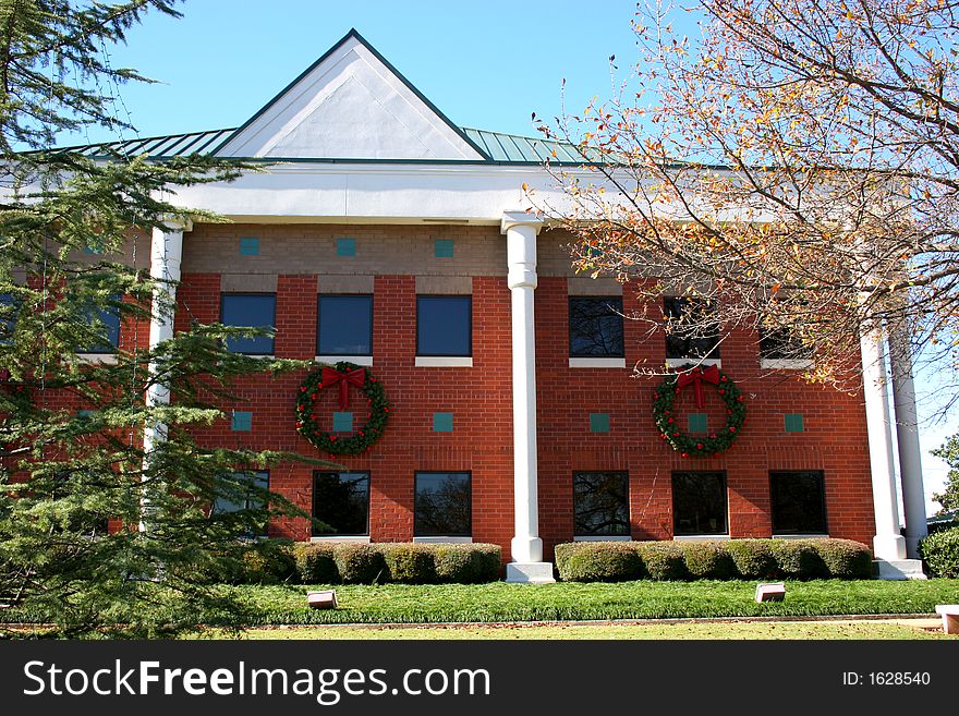 Brick government building decorated for Christmas. Brick government building decorated for Christmas