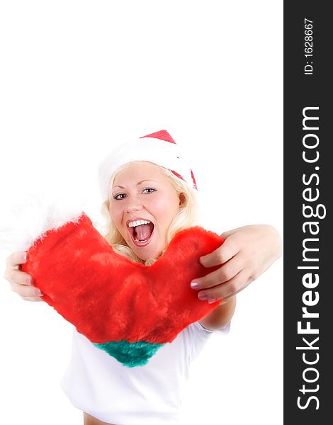 Young beautiful woman in a santa's cap smiling. Isolated on white. Young beautiful woman in a santa's cap smiling. Isolated on white.