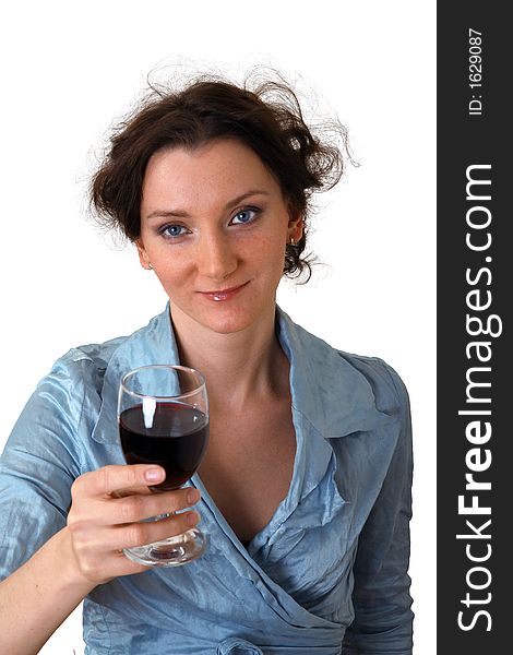 Beautiful brunet girl grooving with cup of red wine isolated over white. Beautiful brunet girl grooving with cup of red wine isolated over white