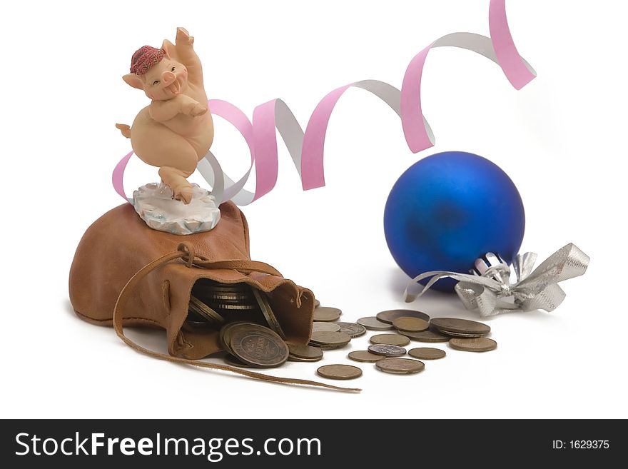 Photo of christmas symbol-pig & streamer. Photo of christmas symbol-pig & streamer