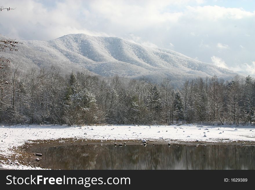 Lake and mountians in winter with snow. Tennessee smokies. Indian boundary park. Lake and mountians in winter with snow. Tennessee smokies. Indian boundary park