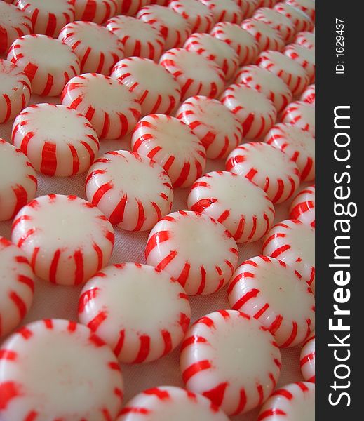 Rows of red and white peppermints.