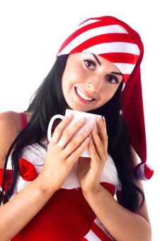 Santa Girl Holding A Cup, Drink. Stock Images