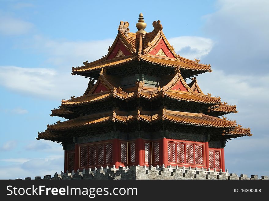 This is the Northwest Corner Tower of the Forbidden City in Beijing. Corner towers on the four coigns of lofty walls of the Forbidden City -- the Imperial Palace during Ming and Qing dynasties of China -- were established in 1420, rebuilt in the Qing Dynasty (1644-1911). As one part of the Forbidden City, they served as the defense facility just as the lofty walls, the gate towers and the moat.