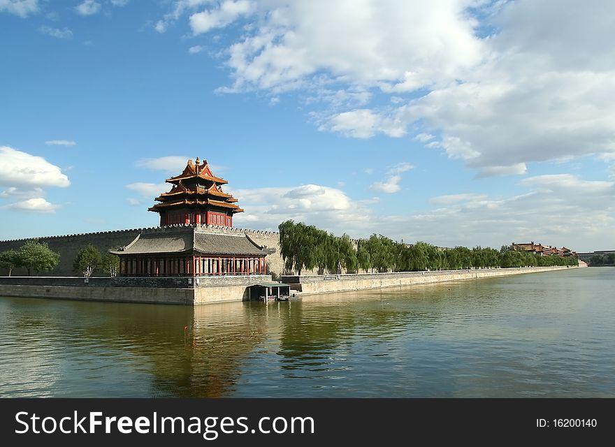 This is the Northwest Corner Tower of the Forbidden City in Beijing. Corner towers on the four coigns of lofty walls of the Forbidden City -- the Imperial Palace during Ming and Qing dynasties of China -- were established in 1420, rebuilt in the Qing Dynasty (1644-1911). As one part of the Forbidden City, they served as the defense facility just as the lofty walls, the gate towers and the moat.