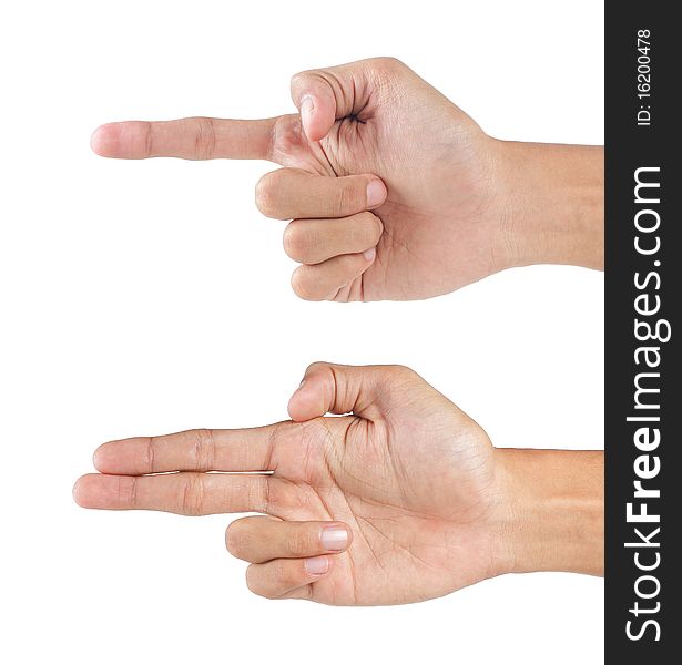 Two different gesturing hands pointing at something