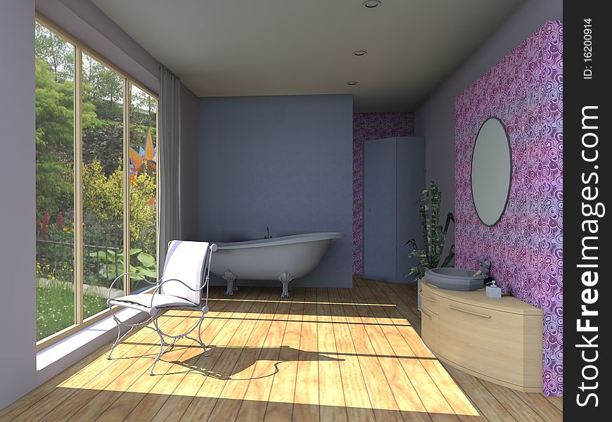 The bathroom in purple with a large window to the garden