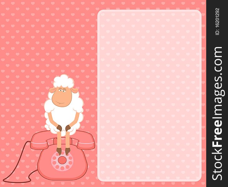 Illustration of cartoon sheep sits on a telephone, waits a bell