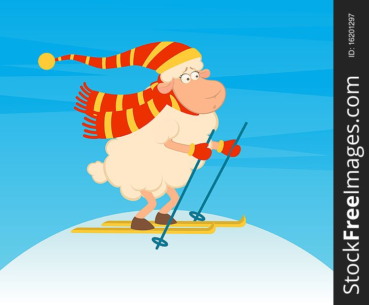 Cartoon Funny Skier Sheep.