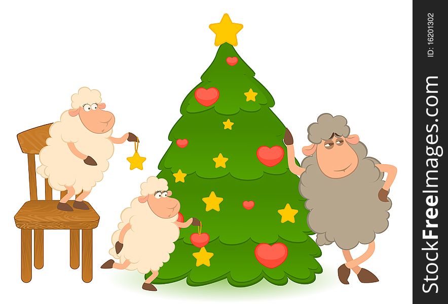 Cartoon Funny Sheep Dresses Up A Fir-tree.