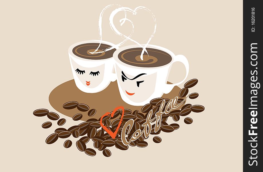 Two cups of coffee and coffee beans