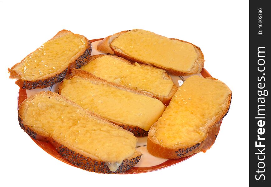 Toast with melted cheese on white. In isolation