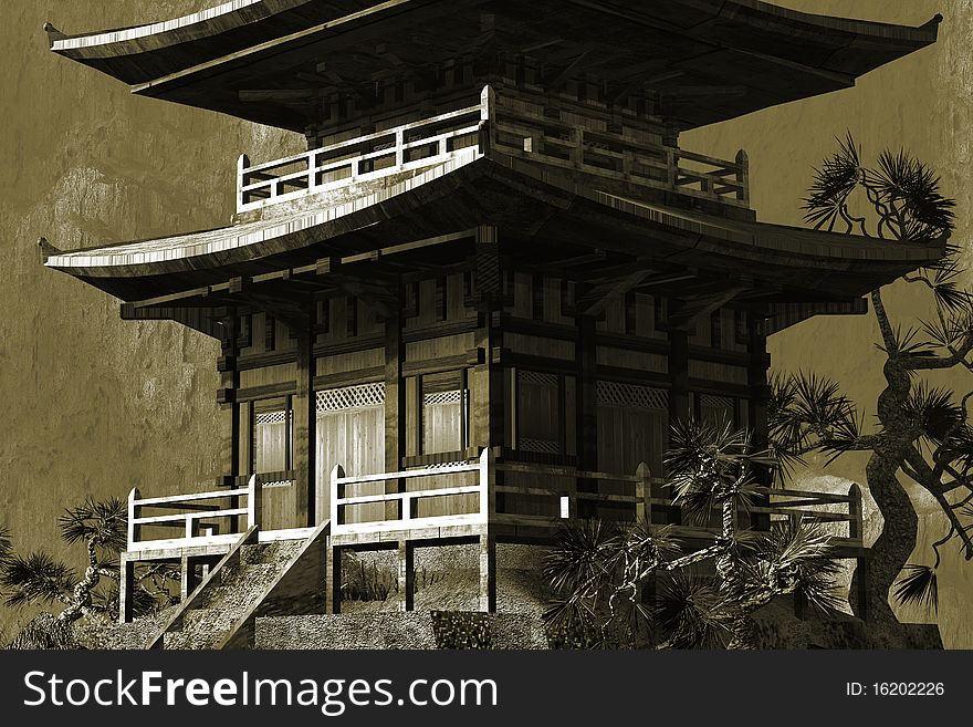 Buddhist Zen Temple -antiqued textured