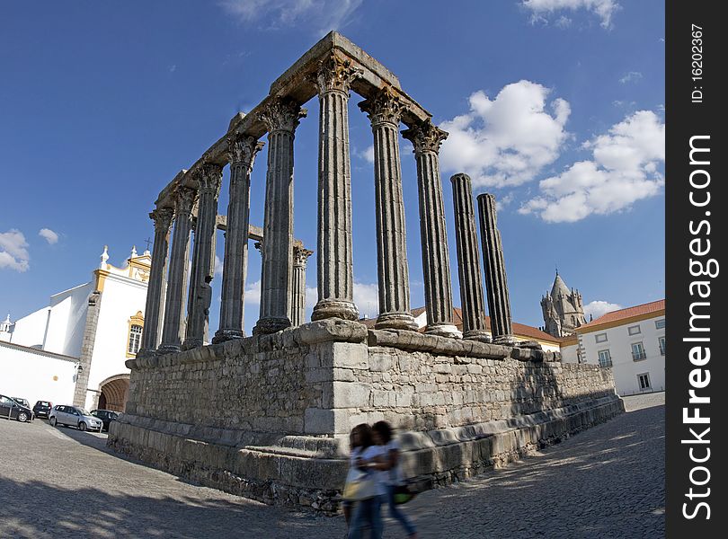 Panoramic view of the Temple of Diana, located in Ã‰vora, Portugal.