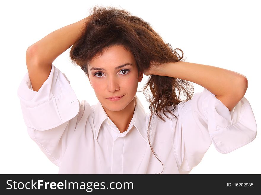 Beautiful smiling woman isolated on white background. Beautiful smiling woman isolated on white background