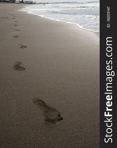 Alone human steps on the sand beach. Alone human steps on the sand beach