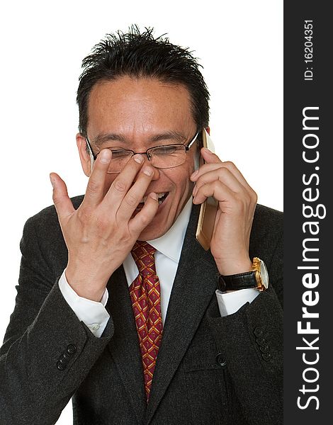 Manager laughs while phoning, portrait of businessman against white background