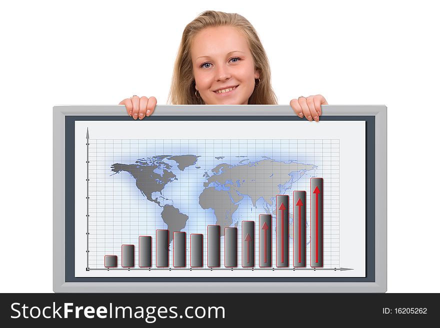 Young woman holding a 3d rendered financial graph board in her hands. Young woman holding a 3d rendered financial graph board in her hands