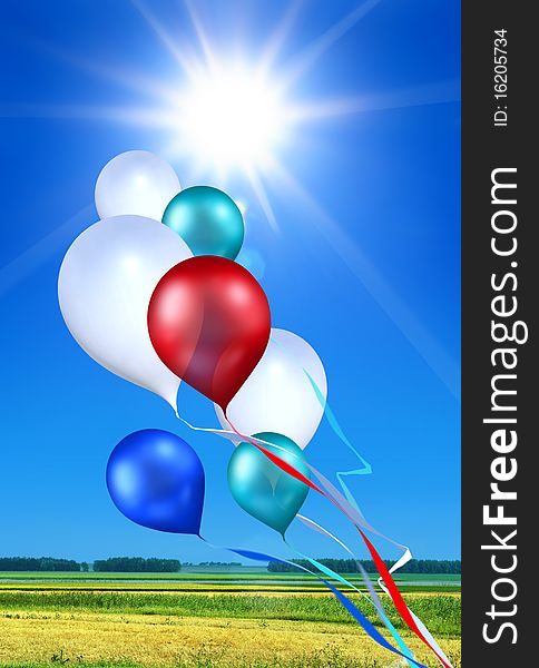 Toy balloons soaring in the blue sky under shining sun. Toy balloons soaring in the blue sky under shining sun