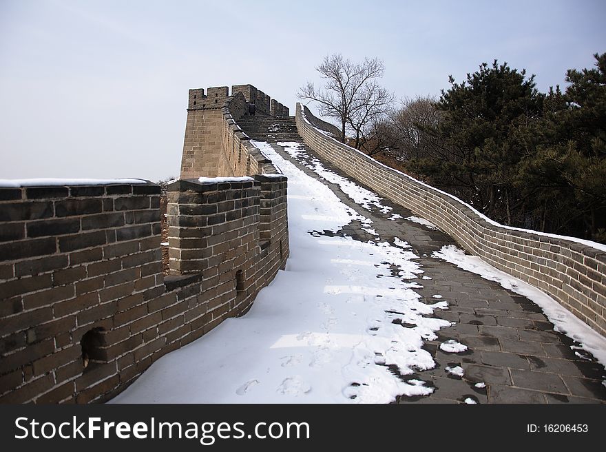 Snow path on the Great Wall in Badaling in Beijing, China