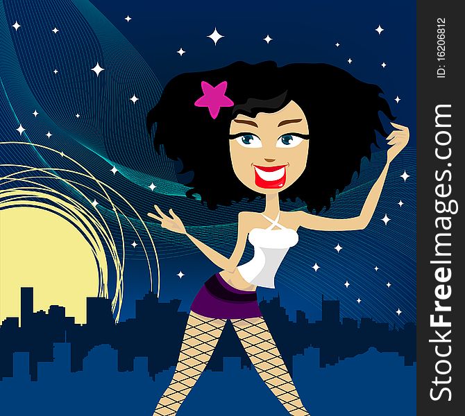 Crazy girl with night city illustration vector
