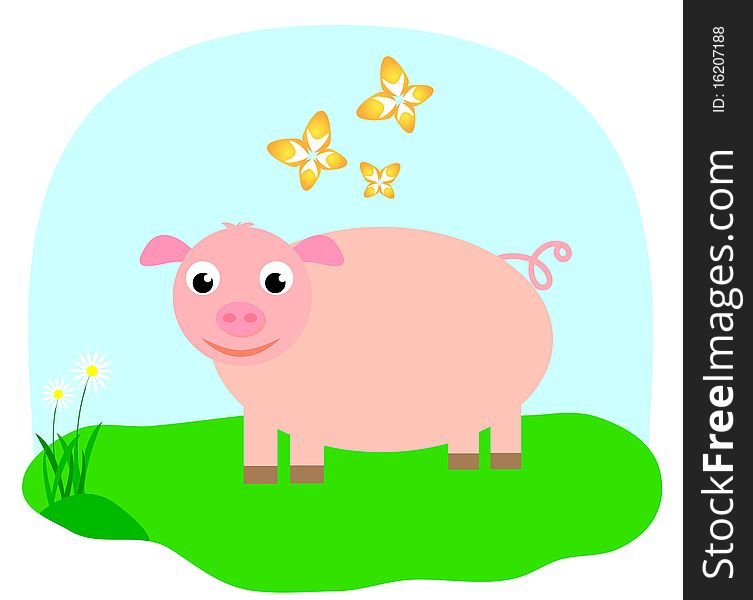 Vector smiling pig on the grass with butterflies. Vector smiling pig on the grass with butterflies