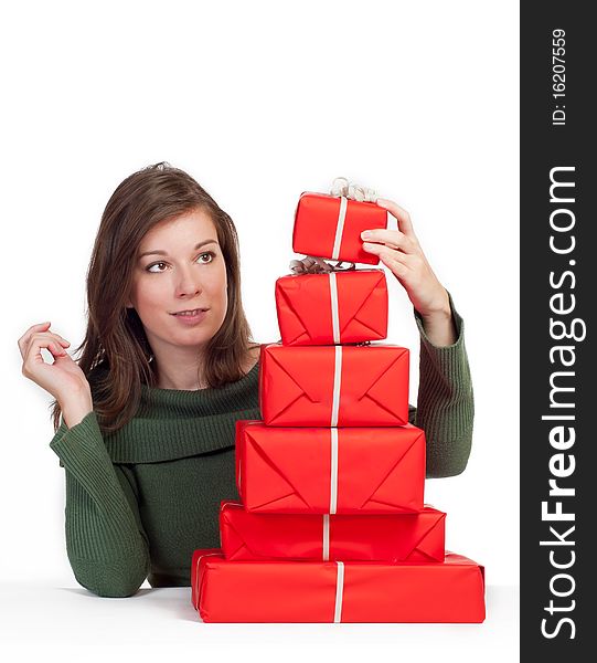 Women with red gift boxes with white background