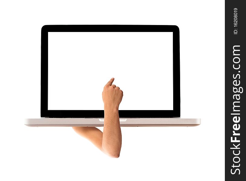 Hand pointing to a laptop