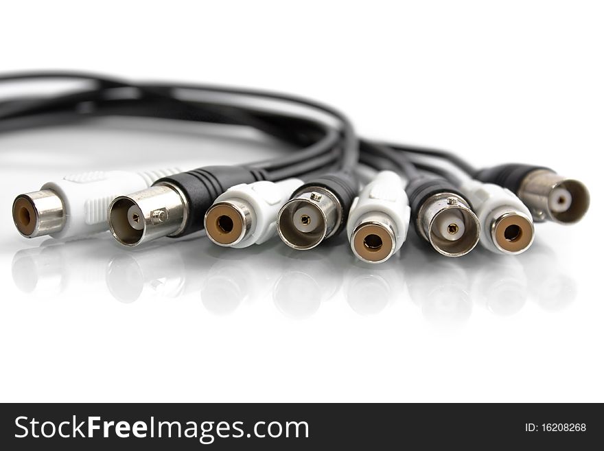 BNC and RCA terminated coaxial cables isolated on white - concept of data, voice, video communications