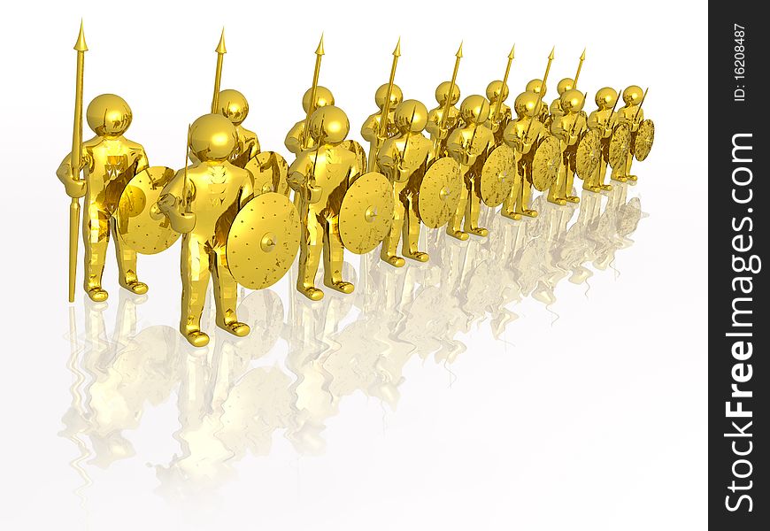 Gold soldiers with gold swords on white reflective background. Gold soldiers with gold swords on white reflective background.