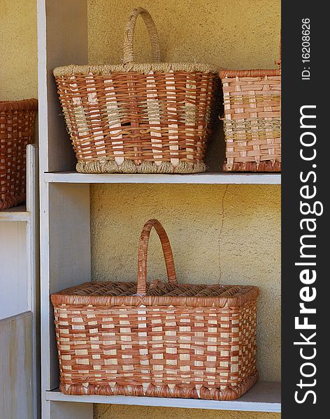 Baskets on shelves in a market