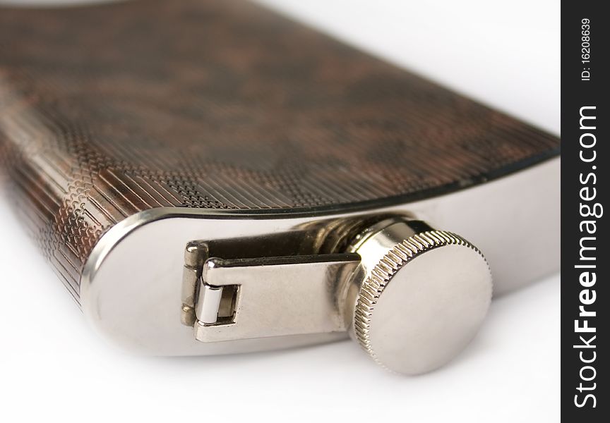 Hipflask for alcohol, on white