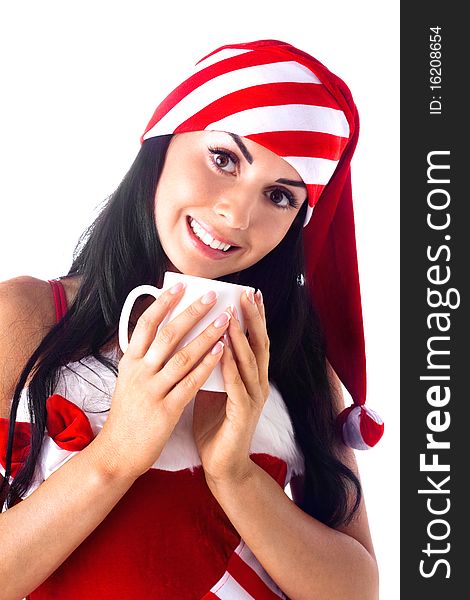 Santa girl holding a cup, drink.Holidays Christmas and New year